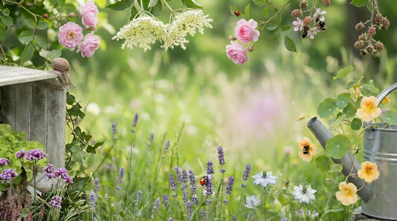 Natürlicher Gartenhintergrund mit Schnecke, zartem Holunder, leicht geöffneten Rosen und Marienkäfer